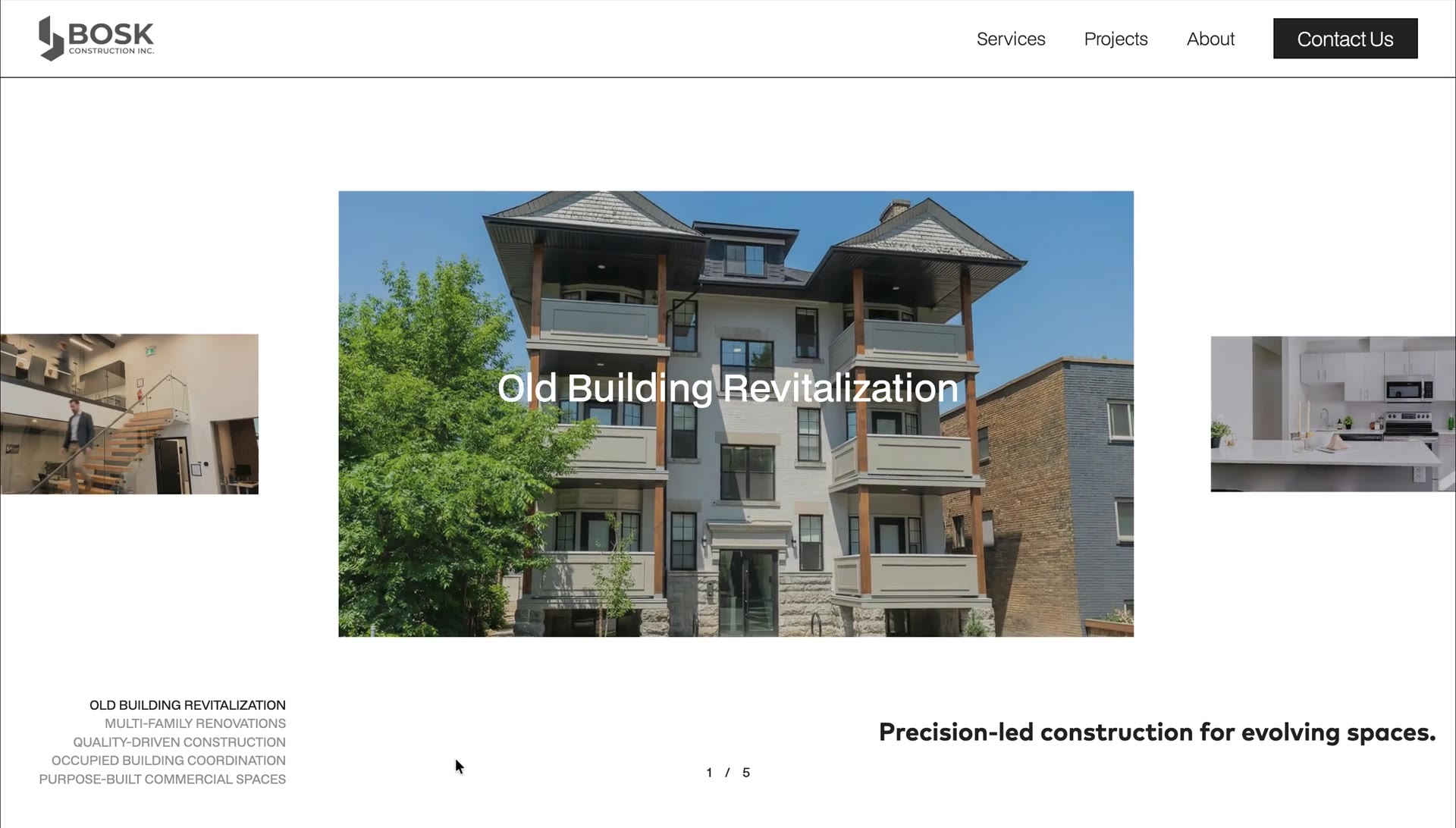 The Bosk Construction website's homepage gallery of project photography
